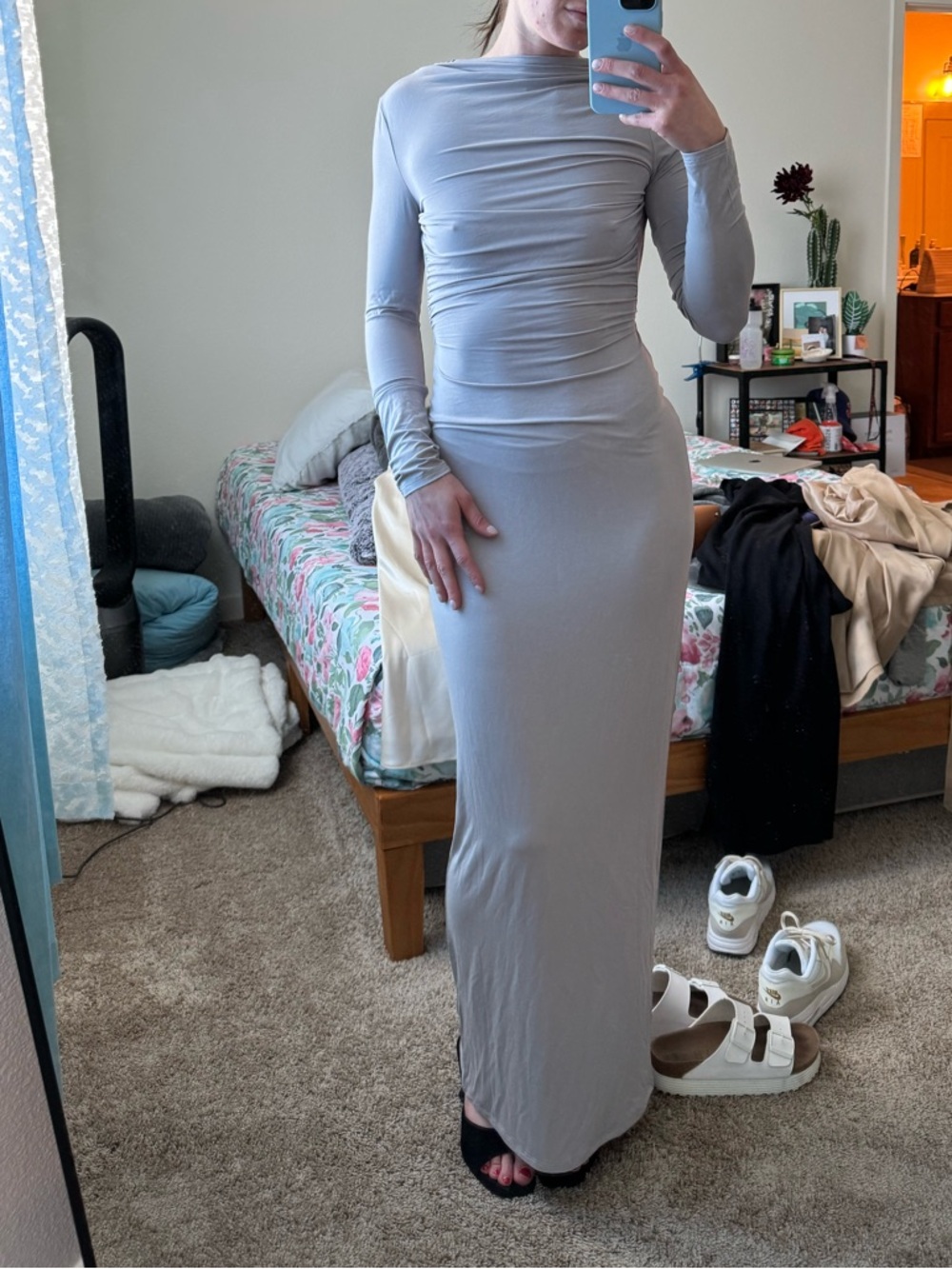 Helsa Vestida Jersey Rouched Dress in Dove Grey - Long Sleeve, backless